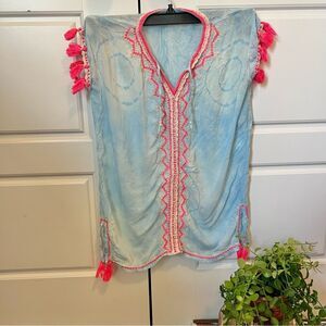 Skemo Kids Jelly Aqua Ocean Tie Dye Pink Tassels Embroidery Tunic‎ Blouse Sz XL